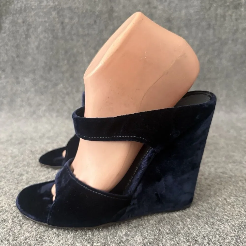 VTG Prada Navy Blue Velvet Wedge Slide Open Toe Mules Sandals Italy 39 Romantic